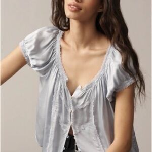 Anthropologie The Amber Short Sleeve Silky Peasant Top Medium Cool Metal Grey